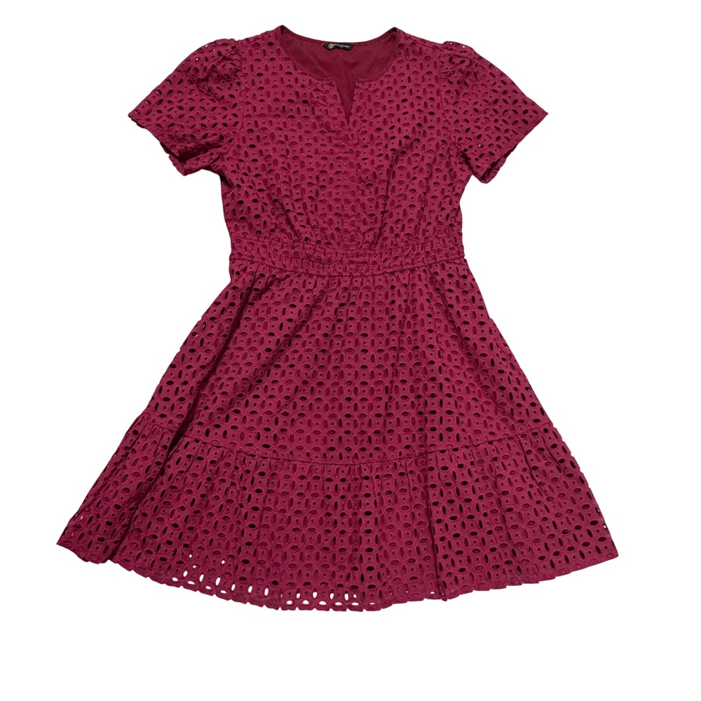 PrettyGarden Eyelet Mini Dress Women Large Red Violet Short Sleeve